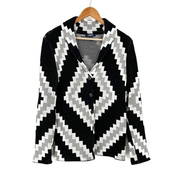 Ralph Lauren Knit Shawl Collar Cardigan Black White Aztec Southwestern Medium - Picture 1 of 5
